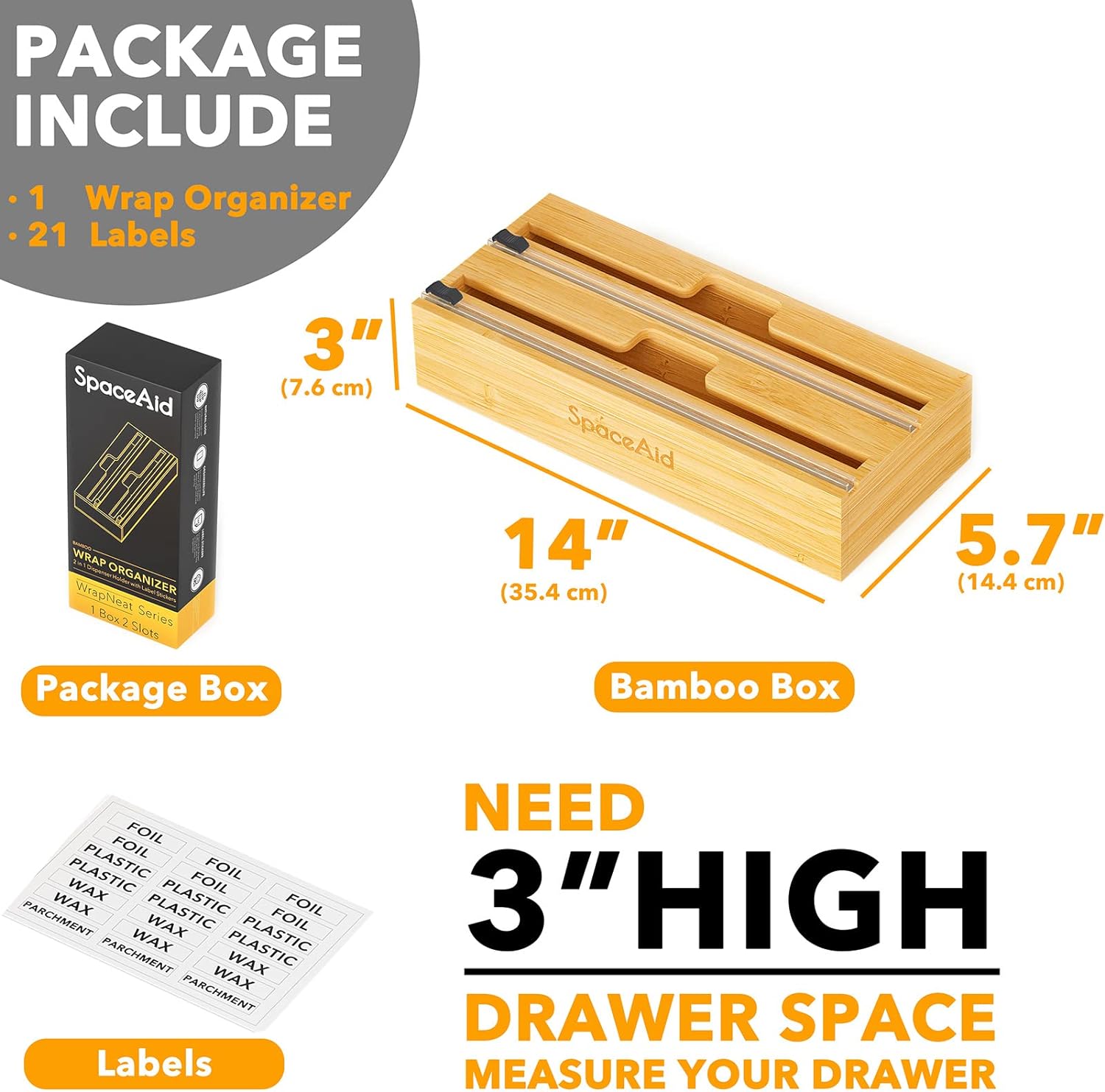 Wrap Organizer with Cutter and Labels, Plastic Wrap, Aluminum Foil and Wax Bamboo Dispenser, Storage Organization Holder -2 in 1 (12 Wrap Organizer with Cutter and Labels, Plastic Wrap, Aluminum Foil and Wax Bamboo Dispenser, Storage Organization Holder -2 in 1 (12